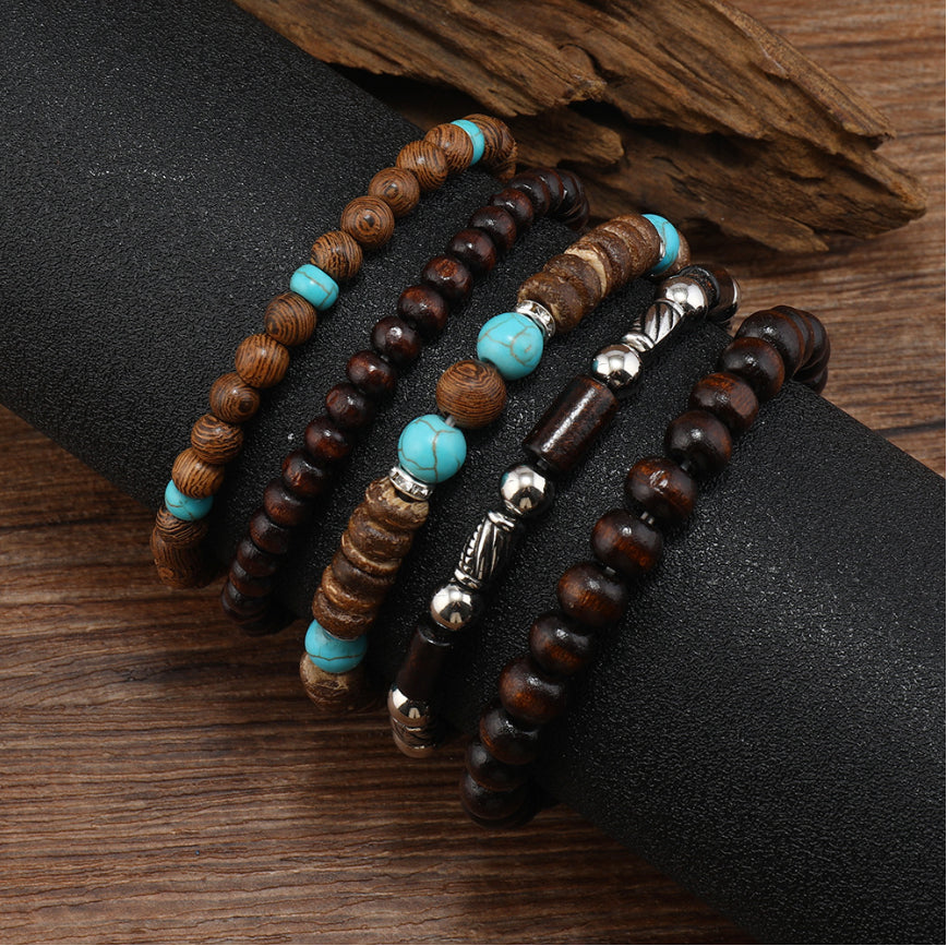 Trésor Oriental Turquoise Bracelet en bois turquois de style rétro pour hommes, un bracelet créatif en matériaux mixtes, cadeau pour Papa/Lui