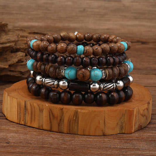 Trésor Oriental Turquoise Bracelet en bois turquois de style rétro pour hommes, un bracelet créatif en matériaux mixtes, cadeau pour Papa/Lui