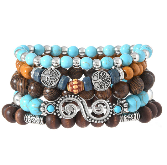 Bracelet en perles de turquoise de l'Arbre de la Paix tibétain, trésor oriental, combinaison multicouche de perles en bois, bracelet rétro pour homme, cadeau pour papa/lui.