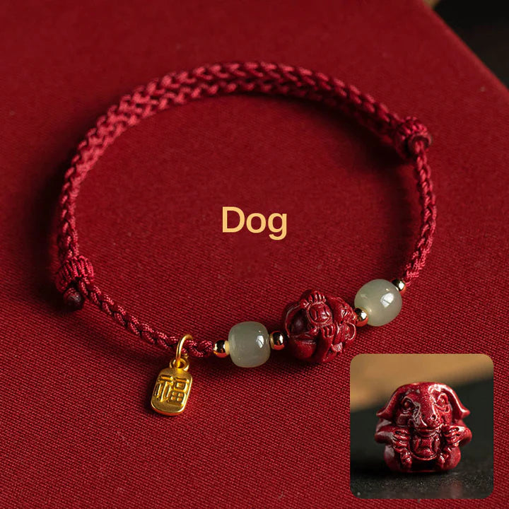 Pulsera de cuerda de la suerte con cinabrio natural y jade hetiano del zodiaco chino, tesoro oriental