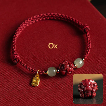 Pulsera de cuerda de la suerte con cinabrio natural y jade hetiano del zodiaco chino, tesoro oriental