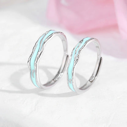 Anneaux Couple Galaxie Personnalisés Trésor Oriental 925 Argent Sterling Émail Lueur Nocturne Réglable