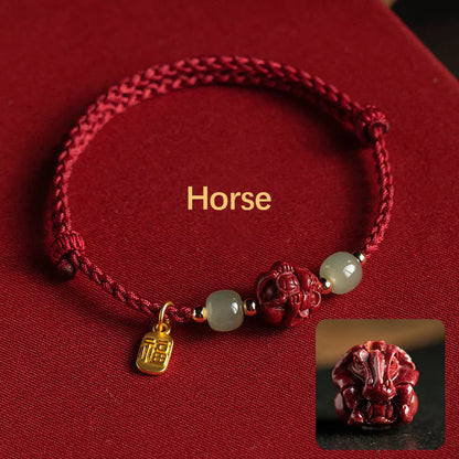 Pulsera de cuerda de la suerte con cinabrio natural y jade hetiano del zodiaco chino, tesoro oriental