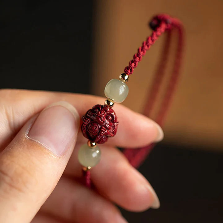 Pulsera de cuerda de la suerte con cinabrio natural y jade hetiano del zodiaco chino, tesoro oriental