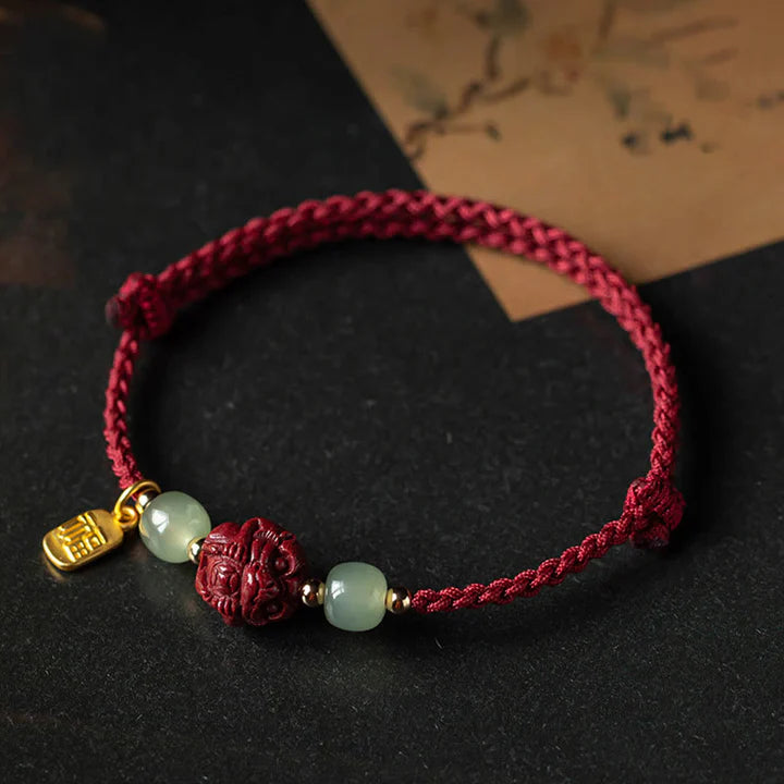 Pulsera de cuerda de la suerte con cinabrio natural y jade hetiano del zodiaco chino, tesoro oriental