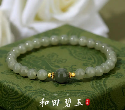Oriental Treasure 925 Sterling Silver He Tian Green Jade Luck Bracelet Adjustable