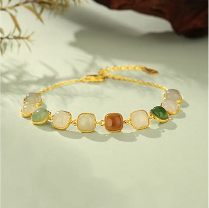 Oriental Treasure 925 Sterling Silver He Tian buntfarbiges Jade-Naturjade Glücks-Quadrat-Jadearmband einstellbar Geschenk für sie