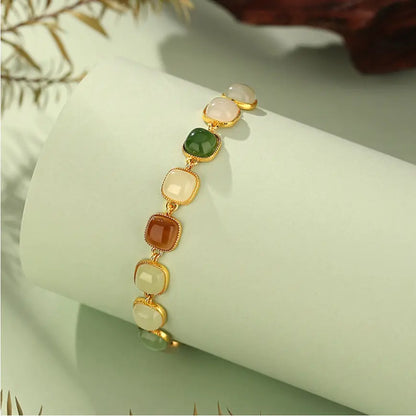 Oriental Treasure 925 Sterling Silver He Tian buntfarbiges Jade-Naturjade Glücks-Quadrat-Jadearmband einstellbar Geschenk für sie