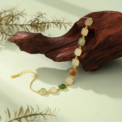 Oriental Treasure 925 Sterling Silver He Tian buntfarbiges Jade-Naturjade Glücks-Quadrat-Jadearmband einstellbar Geschenk für sie
