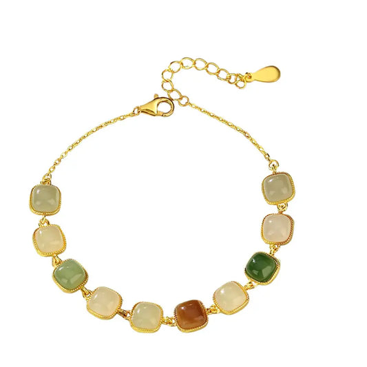 Oriental Treasure 925 Sterling Silver He Tian Colorful Jade Natural Jade Luck Square Jade Bracelet Adjustable Gift for Her
