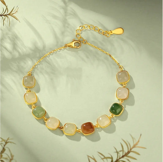 Oriental Treasure 925 Sterling Silver He Tian Colorful Jade Natural Jade Luck Square Jade Bracelet Adjustable Gift for Her