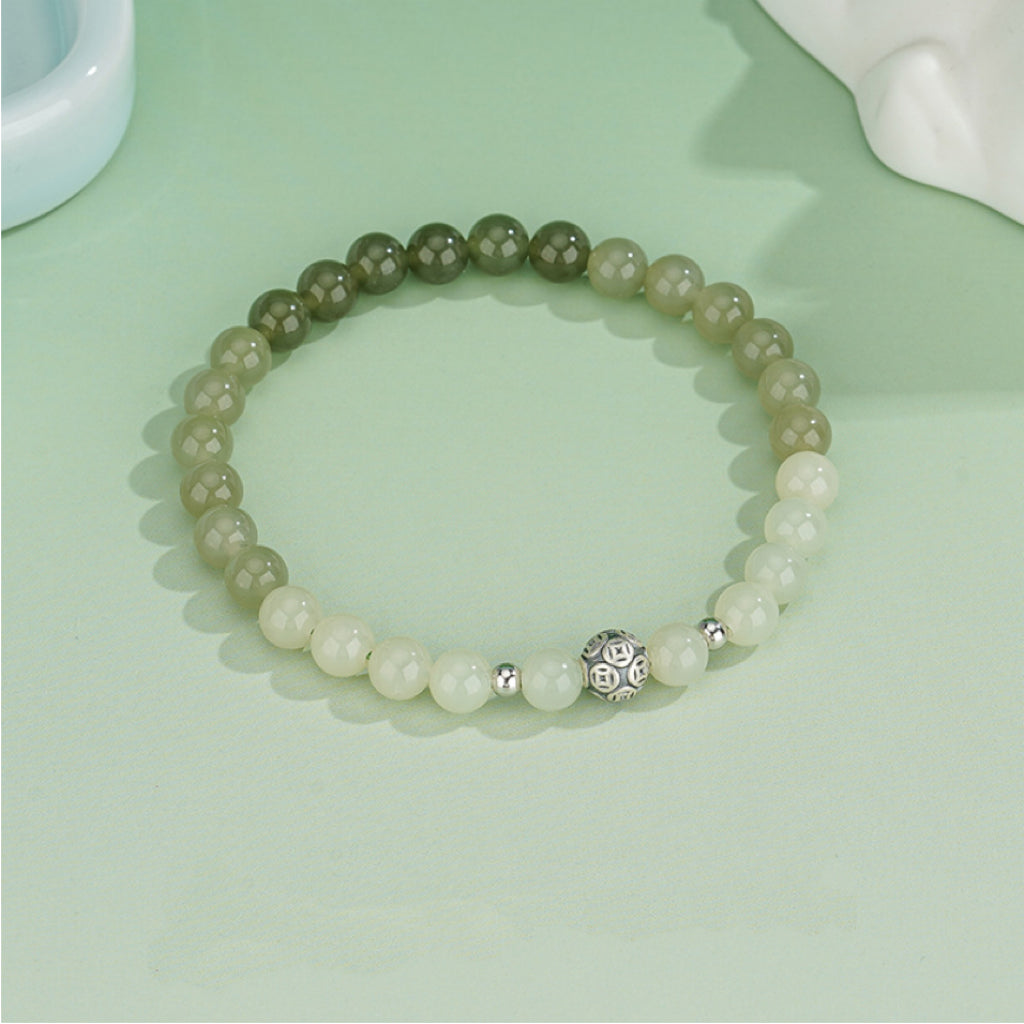 Oriental Treasure He Tian Green Jade Bracelet 925 Sterling Silver Natural Jade Protection Bracelet Adjustable