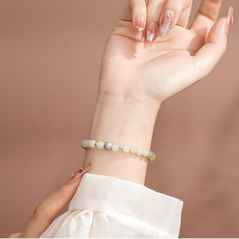 Oriental Treasure He Tian Green Jade Bracelet 925 Sterling Silver Natural Jade Protection Bracelet Adjustable