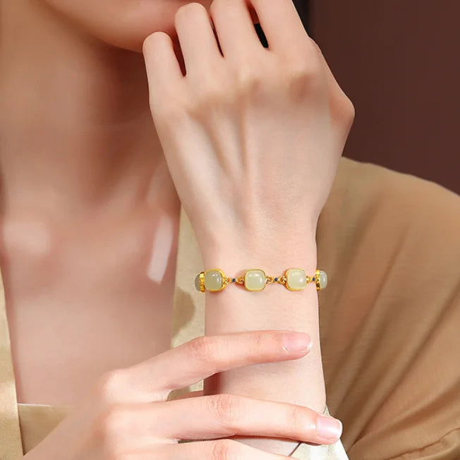 Oriental Treasure Natural Jade Bracelet 925 Sterling Silver He Tian Jade  Luck Square Jade Bracelet Golden Rope Adjustable