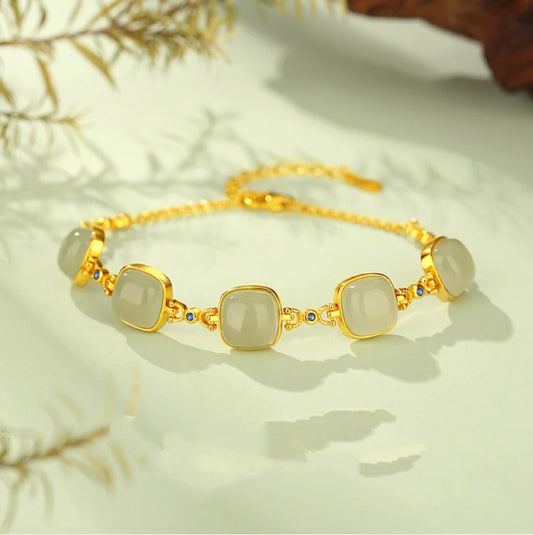 Oriental Treasure Natural Jade Bracelet 925 Sterling Silver He Tian Jade  Luck Square Jade Bracelet Golden Rope Adjustable