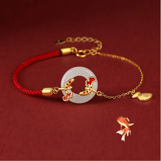Oriental Treasure Peace Knot Red String Bracelet 999 Sterling Silver He Tian Jade Bracelet KOI FISH Golden Rope Adjustable