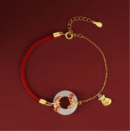 Oriental Treasure Peace Knot Red String Bracelet 999 Sterling Silver He Tian Jade Bracelet KOI FISH Golden Rope Adjustable
