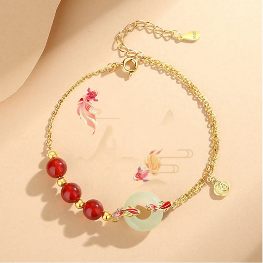Oriental Treasure Peace Knot Agate Bracelet He Tian Jade Bracelet KOI FISH Golden Rope Adjustable 925 Sterling Silver