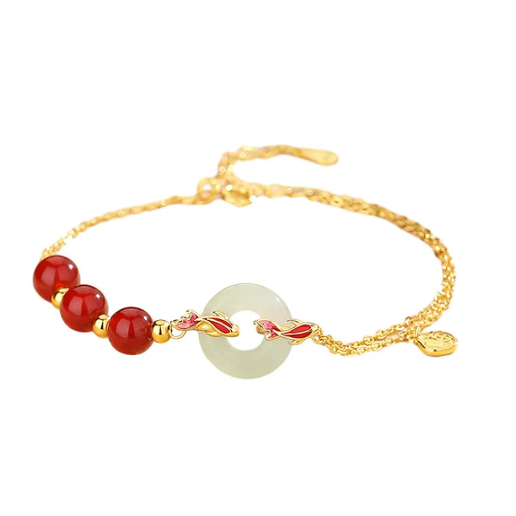 Oriental Treasure Peace Knot Agate Bracelet He Tian Jade Bracelet KOI FISH Golden Rope Adjustable 925 Sterling Silver