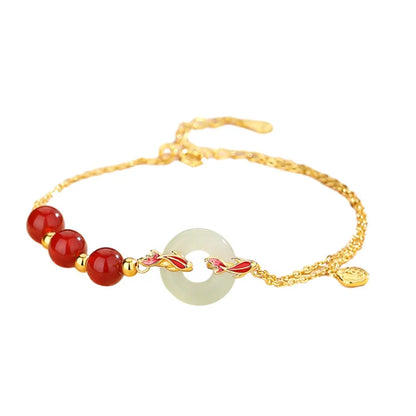 Oriental Treasure Peace Knot Agate Bracelet He Tian Jade Bracelet KOI FISH Golden Rope Adjustable 925 Sterling Silver