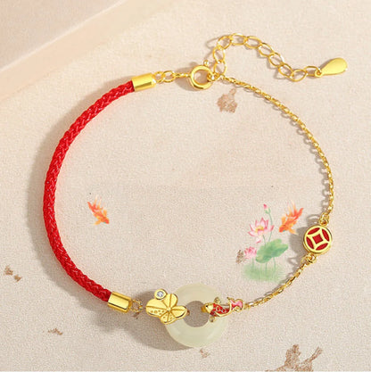 Oriental Treasure Peace Knot Red String Bracelet He Tian Jade Bracelet KOI FISH 925 Sterling Silver Adjustable