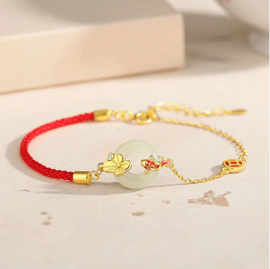 Oriental Treasure Peace Knot Red String Bracelet He Tian Jade Bracelet KOI FISH 925 Sterling Silver Adjustable