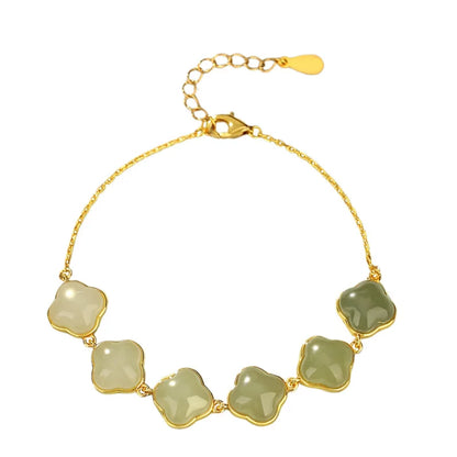Oriental Treasure Natural Hetian Jade Bracelet Four-Leaf Clover Jade Bracelet 925 Sterling Silver Golden Rope Adjustable