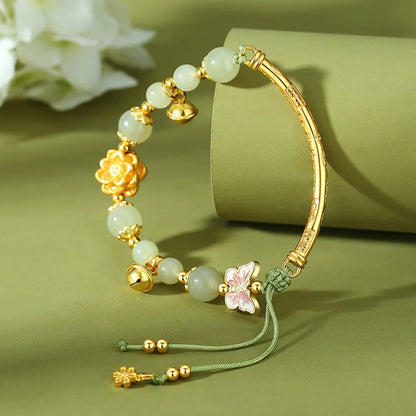 Oriental Treasure Lotus Jade Bracelet Natural Hetian Jade Bracelet  999 Sterling Silver Butterfly Golden Rope Adjustable