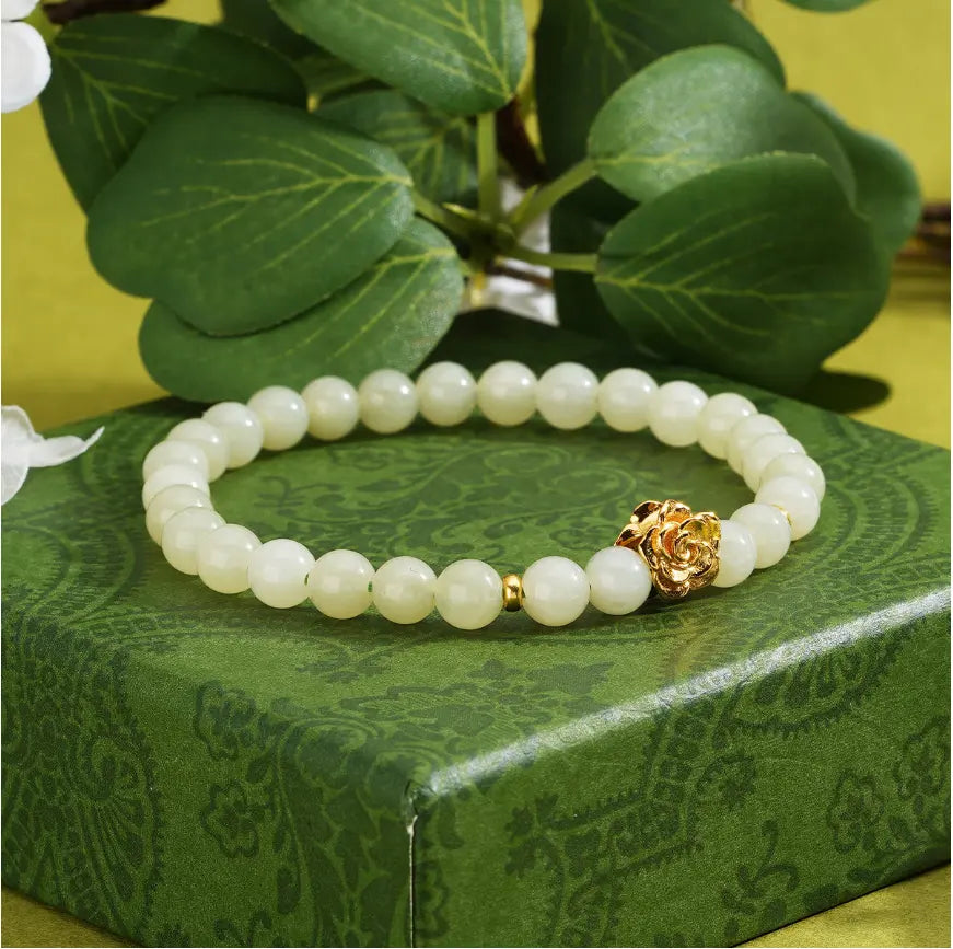 Oriental Treasure Lotus Jade Bracelet Natural Hetian Jade Bracelet  925 Sterling Silver Adjustable