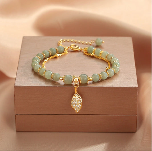 Bracelets en jade naturel trésor oriental avec chaîne en or, bracelet en jade de ginkgo biloba, bracelet à perles de cristal de jade, cadeau pour elle