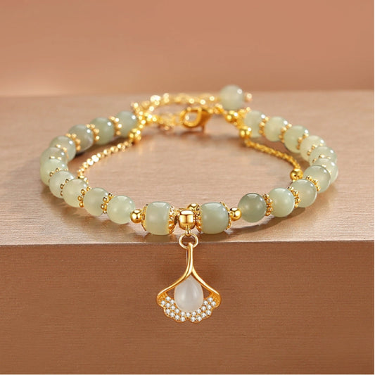 Bracelet de Ginkgo Biloba en Jade de Trésor Oriental, Bracelets en Chaîne Dorée en Jade Naturel, Bracelet en Perles de Cristal de Jade, Cadeau pour Elle