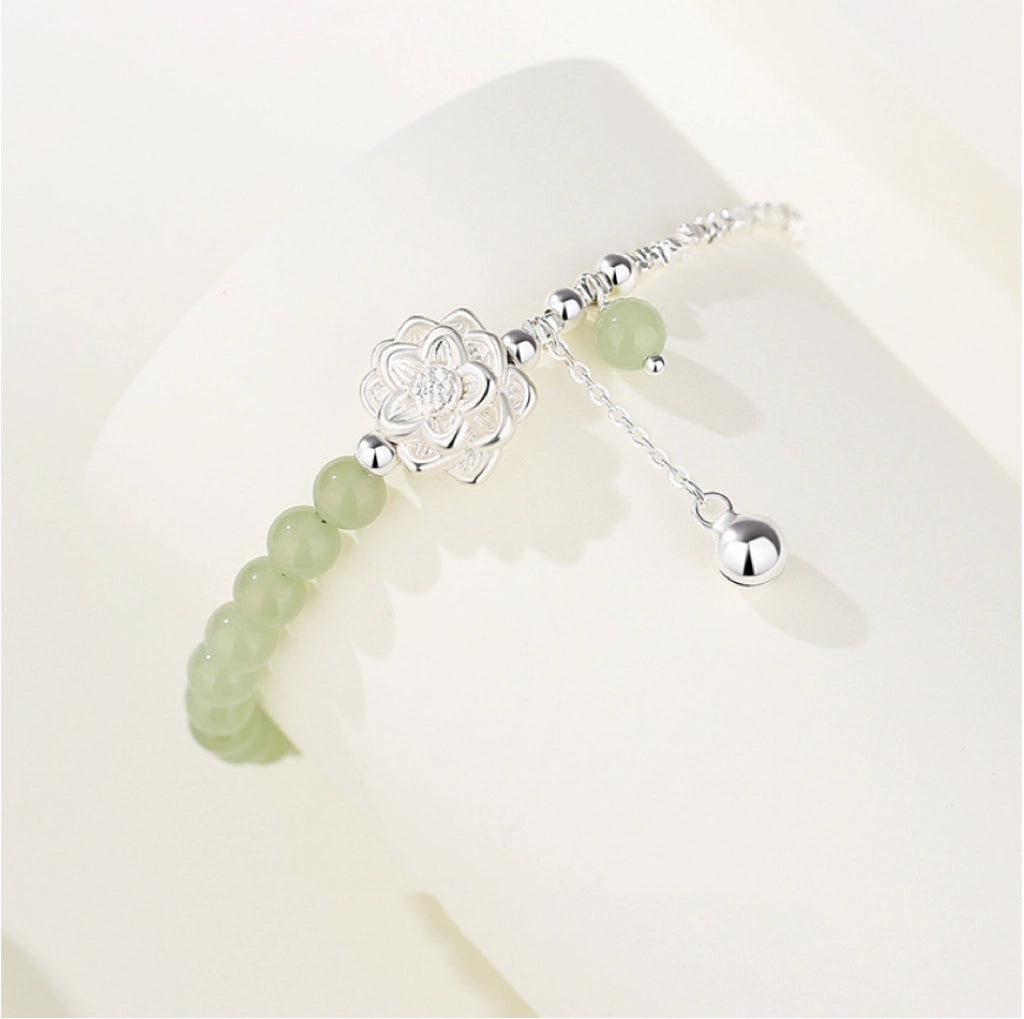 Oriental Treasure Lotus Jade Bracelet Natural Hetian Jade Bracelet Bell 999 Sterling Silver Chain