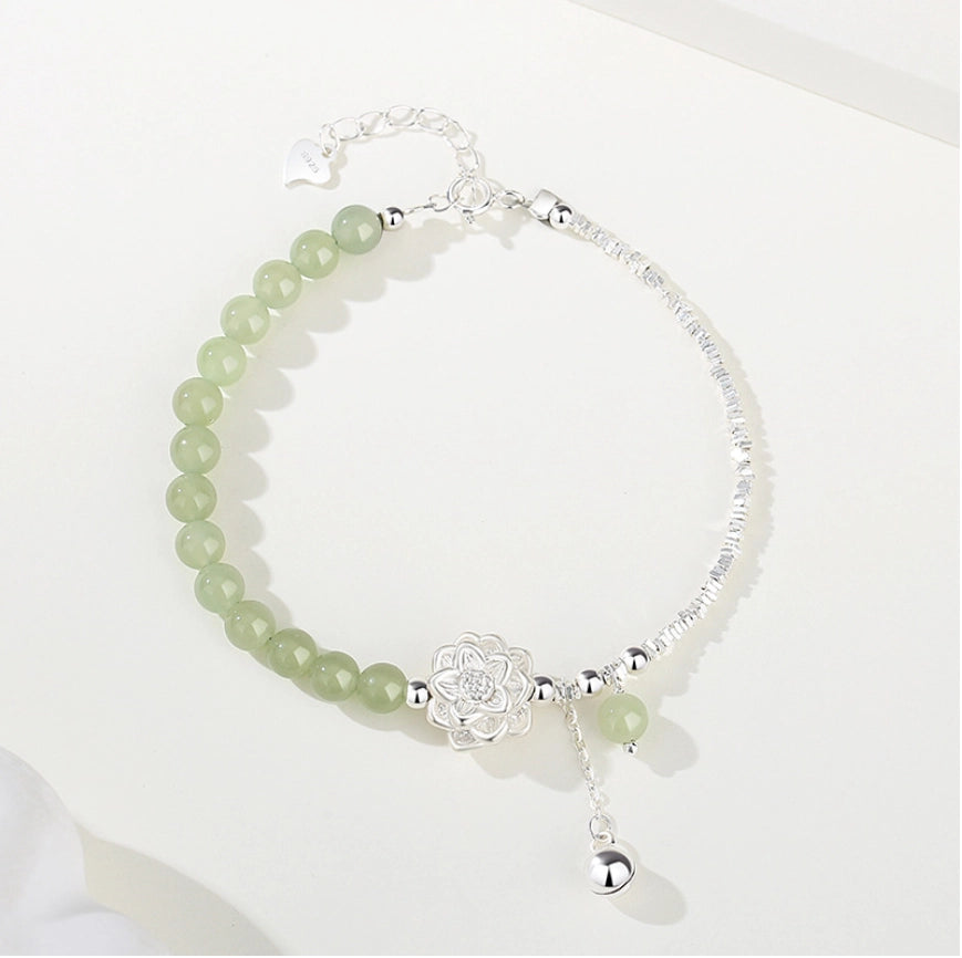 Oriental Treasure Lotus Jade Bracelet Natural Hetian Jade Bracelet Bell 999 Sterling Silver Chain