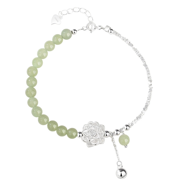 Oriental Treasure Lotus Jade Bracelet Natural Hetian Jade Bracelet Bell 999 Sterling Silver Chain