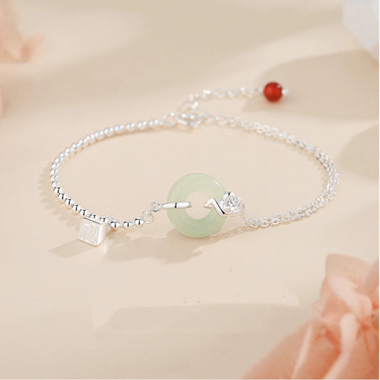 Bracelet de Nœud de Paix Trésor Oriental Agate Hetian Jade Bracelet Réglable en Corde en Argent Sterling 925