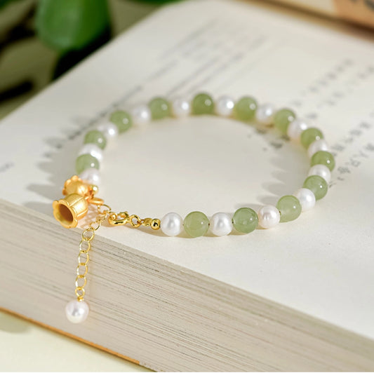 Oriental Treasure Purity Lily of the Valley Bracelet Natural Hetian Jade Bracelet Pearl Bracelet Filial Love Adjustable Silver Rope