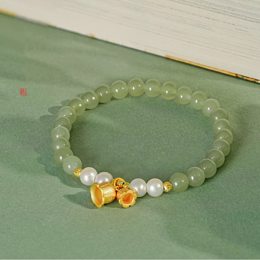 Oriental Treasure Purity Lily of the Valley Bracelet Natural Hetian Jade Bracelet Pearl Bracelet Adjustable Gift for women