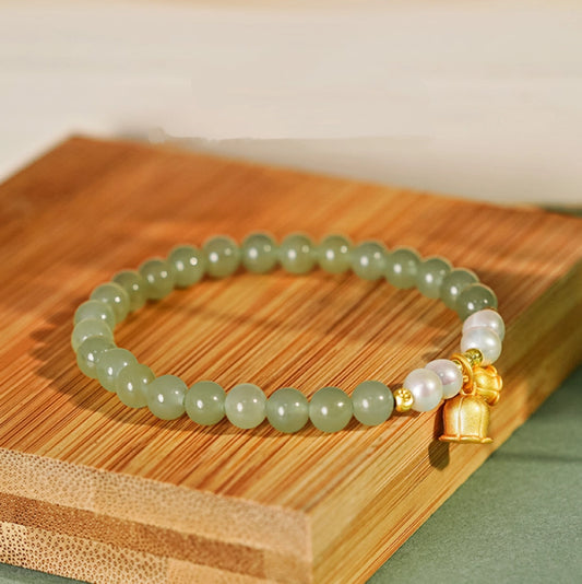 Oriental Treasure Purity Lily of the Valley Bracelet Natural Hetian Jade Bracelet Pearl Bracelet Adjustable Gift for women