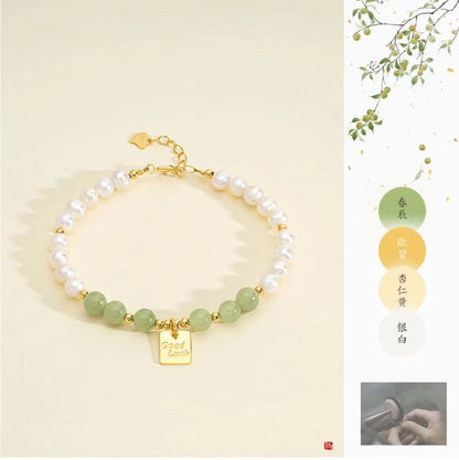 Oriental Treasure Good Luck Natural Hetian Jade Bracelet Pearl Bracelet Adjustable Silver Rope