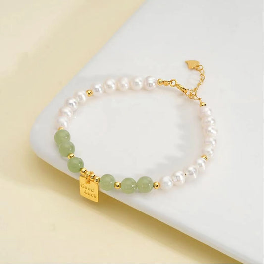 Oriental Treasure Good Luck Natural Hetian Jade Bracelet Pearl Bracelet Adjustable Silver Rope