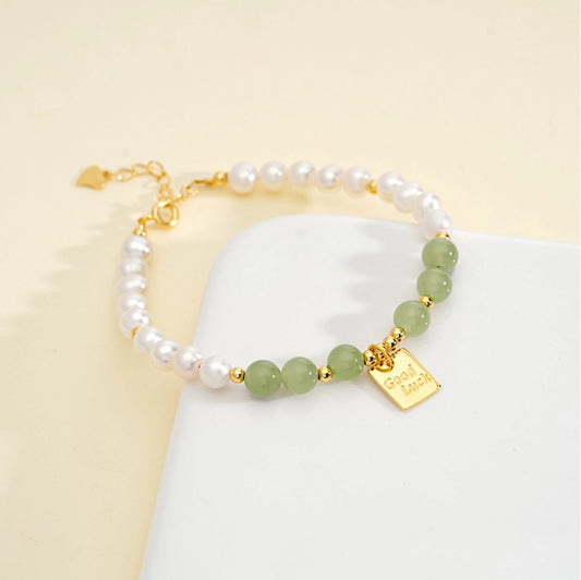 Oriental Treasure Good Luck Natural Hetian Jade Bracelet Pearl Bracelet Adjustable Silver Rope