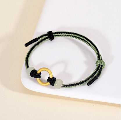 Oriental Treasure Handmade Peace Knot Bracelet Hetian Jade Bracelet 925 Sterling Silver Adjustable Woven Rope