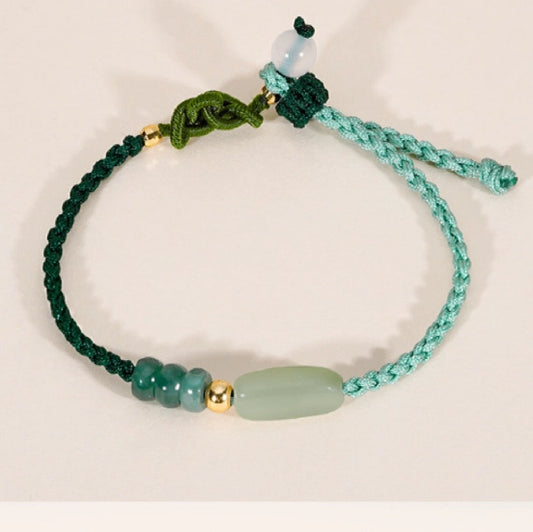 Bijou Oriental Trésor Bracelet en Jade de Hetian Artisanal Agate Blanche Argent 925 Sterling Cordage Tissé Réglable