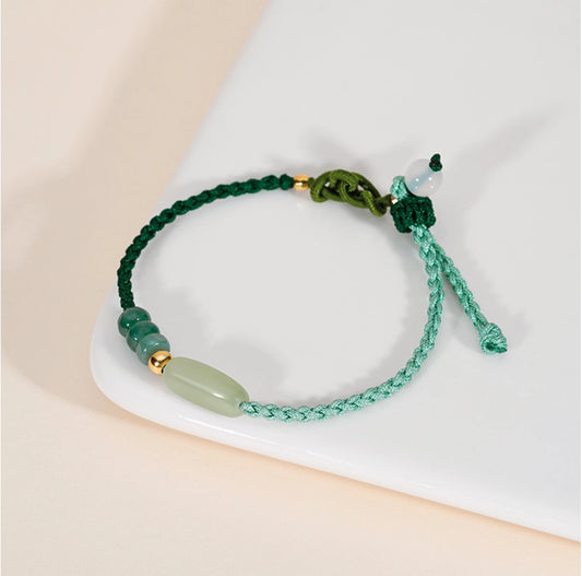 Bijou Oriental Trésor Bracelet en Jade de Hetian Artisanal Agate Blanche Argent 925 Sterling Cordage Tissé Réglable