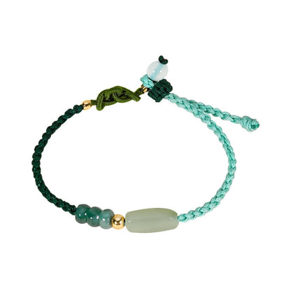 Oriental Treasure Handmade Hetian Jade Bracelet White Agate 925 Sterling Silver Adjustable Woven Rope