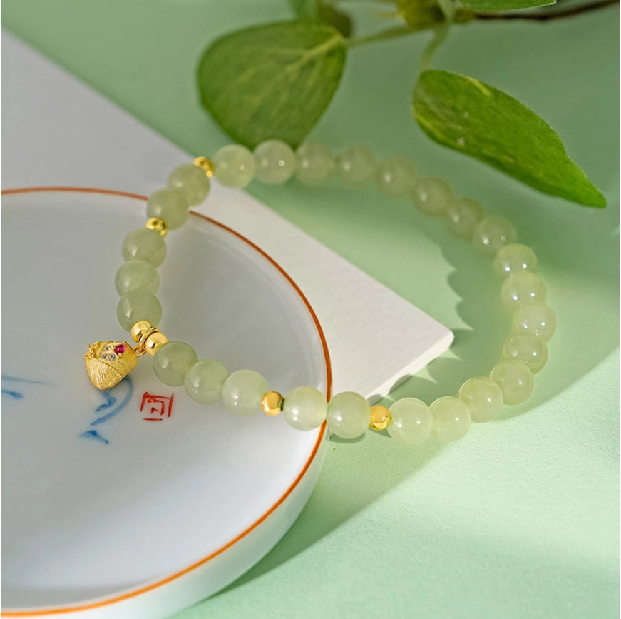 Bracelet de Riz Glutineux Chanceux Oriental Trésor Hetian Jade Bracelet Fu Zong 925 Argent Sterling Réglable
