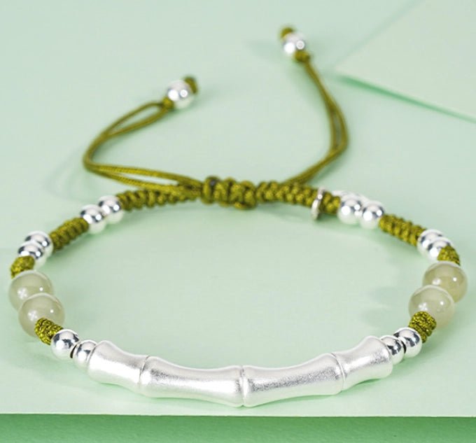 Oriental Treasure Bambusarmband Natürlicher Hetian-Jade-Armband Charakter "Fu" (福) Schutz 999-Silberarmband Verstellbarer geflochtener Seil