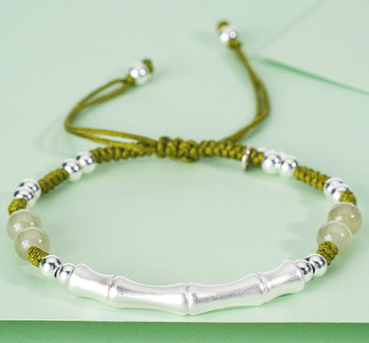 Oriental Treasure Bambusarmband Natürlicher Hetian-Jade-Armband Charakter "Fu" (福) Schutz 999-Silberarmband Verstellbarer geflochtener Seil
