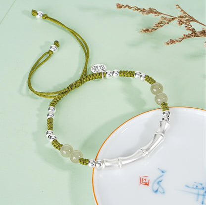 Oriental Treasure Bambusarmband Natürlicher Hetian-Jade-Armband Charakter "Fu" (福) Schutz 999-Silberarmband Verstellbarer geflochtener Seil