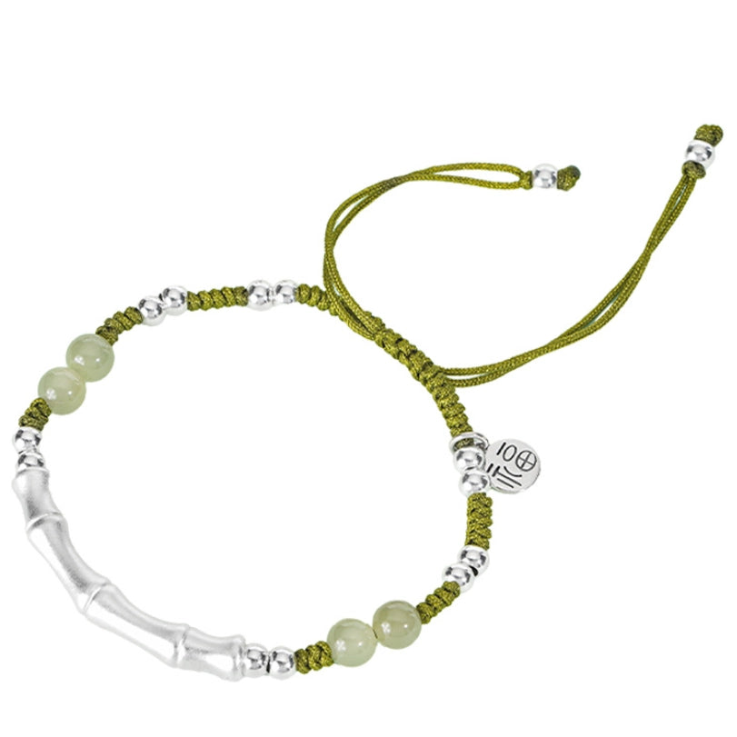 Oriental Treasure Bambusarmband Natürlicher Hetian-Jade-Armband Charakter "Fu" (福) Schutz 999-Silberarmband Verstellbarer geflochtener Seil